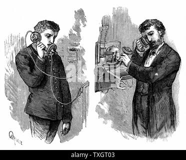 New York Telefon Teilnehmer, Anruf durch Bediener am Telefon austauschen. Apparate, die in der Bild verwendet eine Edison Sender und einem "Pony - Krone' Empfänger (statt zum Ohr des Teilnehmers auf der rechten Seite) 1883 Holzstich Paris Stockfoto