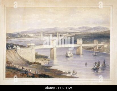 Britannia Tubular Brücke über Menai Straits zwischen Waliser Festland und Angelsea. Chester und Holyhead Eisenbahn. Begonnen 1846, 18. März 1850 geöffnet. Ing. Robert Stephenson. Kastenträger Brücke. Im Hintergrund ist telfords Straße Hängebrücke gebaut 1820-26 Handcolorierte Lithographie veröffentlicht Bangor c 1850 Stockfoto