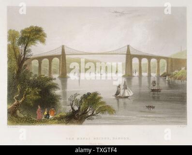 Thomas Telford's Hängebrücke über Menai Straits, Wales, erbaut 1820-1826. Original Holzdeck ruinierte im Sturm, 1839. 1940 Ketten mit Stahl mit hoher Zugfestigkeit erneuert. Teil von London/Holyhead Road Transport mails zwischen Dublin und London. Handcolorierte Kupferstich, 1841 Stockfoto