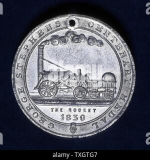 George Stephenson (1781-1848) Englischer Eisenbahningenieur. Seine Lokomotive Rakete von der Rückseite der Medaille Struck zur 100-Jahrfeier der Stephensons Geburt gedenken Stockfoto