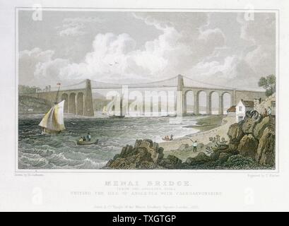 Thomas Telford's Hängebrücke über Menai Straits, Wales, erbaut 1820-1826. Blick von Angelsea Seite. Original Holzdeck ruinierte im Sturm, 1839. 1940 Ketten mit Stahl mit hoher Zugfestigkeit erneuert. Teil von London/Holyhead Road Transport mails zwischen Dublin und London. 1830 Hand - farbige Gravur Stockfoto