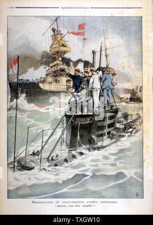 Französische Marineübungen: U-Boot Dorade auftauchen, gepanzert, dass Sie unk' hat. 1908 Illustration aus "Le Petit Journal", Paris Stockfoto