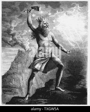 Thor, Sohn von Odin oder Odin. Gott des Donners in den skandinavischen Pantheon, dargestellt seinen Hammer schwingt, Symbol für Blitz und Donner, als er die Kugel wieder aufgebaut. 1874 Holzstich Stockfoto