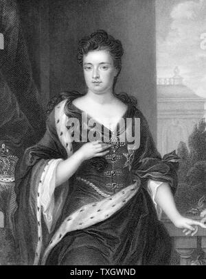 Anne (1665-1714), Königin von Großbritannien und Irland von 1702. Die zweite Tochter von James II und Schwester von Maria II Gravur nach Portrait von Godfrey Kneller Stockfoto