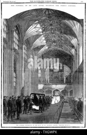 Albert (1819-1861), Gemahlin des Queen Victoria aus dem Jahr 1840. Trauerzug im Kirchenschiff von St. George's Chapel, Windsor ab der ersten Ausgabe des "Illustrated London News" nach Albert's Tod 14. Dezember 1861. Schwarzer Rand bezeichnet die Nation "Trauer Stockfoto