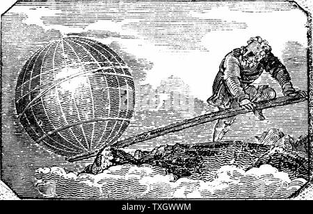 Archimedes (c 287-212 v. Chr.) antiken griechischen Mathematiker und Erfinder sagte, "haben mir einen Hebel geben, und ich werde die Erde" 1824 Holzschnitt von Archimedes bewegen Sie sagen in die Tat von der Titelseite der "des Monteurs Magazin "London angeblich Stockfoto