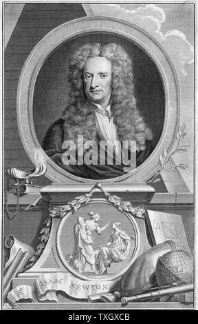 Isaac Newton (1642-1727), englischer Mathematiker, Astronom und Physiker Differentialrechnung: Gravitation: die Natur des Lichts: Spiegelteleskop. Kupferstich von Houbraken nach Portrait von Kneller Stockfoto