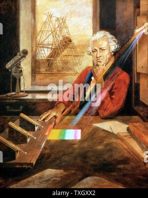 William Herschel (1738-1822) deutsch-englischen Astronomen untersuchen Heizung Wirkung von Infrarot (veröffentlicht 1800) im Hintergrund von Herschel ist 40 ft reflektierende Teleskop Artist's Wiederaufbau Stockfoto