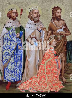Richard II (1367-1400) König von England 1377-99, mit seinen Schutzheiligen St. Edmund (841-870), König von Osten Winkeln und Suffolk Märtyrertod für die Weigerung, den christlichen Glauben, wenn sie von Dänen, Edward dem Bekenner (1003-1066) König von England von 1042, und Johannes der Täufer gefangen zu geben. Richard trägt Robe mit seinen Ausweis einer verketteten White Hart Nach dem Panel von Wilton Diptych blasoniert Stockfoto