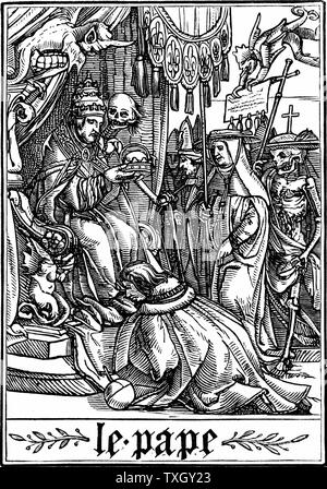 Der Papst besucht durch den Tod von Hans Holbein der Jüngere 'Les Simulacres de La Mort" (Tanz des Todes) 1538 Holzschnitt Stockfoto