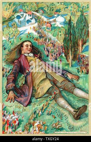 Lemuel Gulliver, an Land nach einer Meuterei, kommt wieder zu Bewusstsein und findet sich ein Gefangener der Liliputaner Chromolithograph von Edition von Jonathan Swift "Gulliver's Travels" (Fährt in mehreren entfernten Nationen der Welt, in vier Teile, die von Lemuel Gulliver..") 1911 zum ersten Mal veröffentlicht 1726 New York Stockfoto