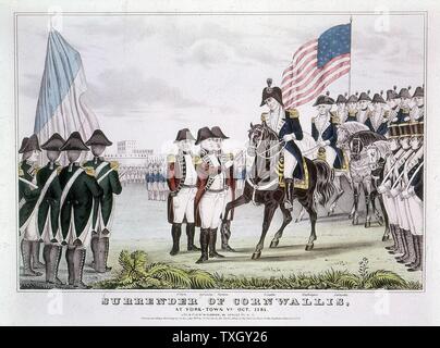 Amerikanischer Unabhängigkeitskrieg (1775-83) Englisch Commander Charles Cornwallis (1738-1805) Yorktown Hingabe an die Kolonisten, Oktober 1781 farbige Gravur Stockfoto