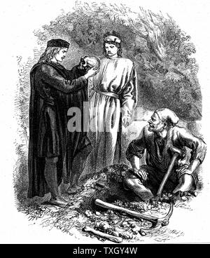 Weiler in der Friedhof mit Horatio und der Clown, untersucht Yorick's Schädel. 'Ach, arme Yorick! Ich kannte ihn, Horatio" Shakespeares 'Hamlet': Akte V Sc I c 1850 Gravur London Stockfoto