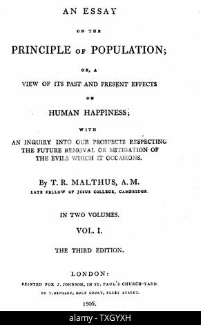 Titelblatt des ersten Bandes der dritten Ausgabe (1806) von Malthus' Essay über das Prinzip der Bevölkerung": erste Ausgabe 1798. Thomas Robert Malthus (1766-1834) Englisch Kleriker und Wirtschaftswissenschaftler: Fürsprecher der Bevölkerungskontrolle Stockfoto