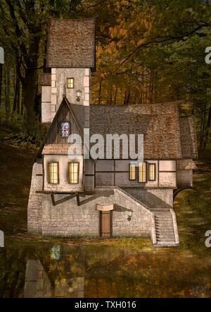 Bizarre haunted House an einem See in der Mitte des dunklen Wald Stockfoto