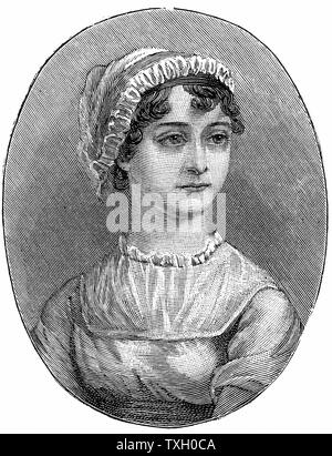 Jane Austen (1775-1817) englischer Schriftsteller für Ense und Sensibilität" der sechs großen Romane erinnert, "Stolz und Vorurteil', 'Mansfield Park', 'Emma', 'Überzeugung' und 'Northanger Abbey". Gravur Stockfoto