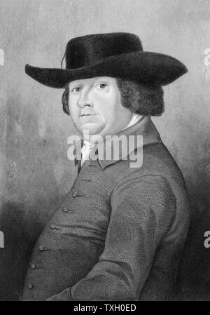 Robert Bakewell (1725-1795) englischer Landwirt. Verbesserte Schafe und Rinder durch selektive Zucht, insbesondere neue Leicester (Dishley) Schafe und Longhorn Rinder, an seinem Haus Dishley Grange, Leicestershire. Gravur Stockfoto