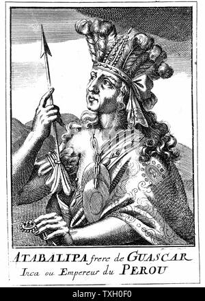 Atahualpa (d1553) letzte Inka Kaiser von Peru. Erfasst durch Pizarro, der, nachdem riesige erpresste Lösegeld, ihn zum Tod für Ketzerei (gegen das Christentum). Kupferstich, 1686 Stockfoto