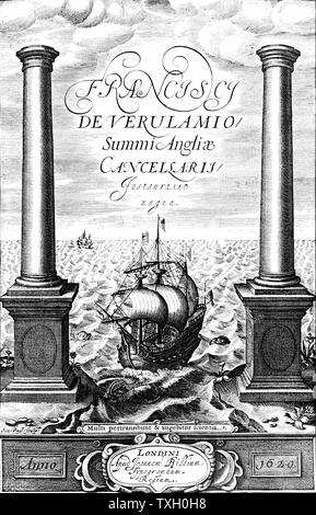 Francis Bacon (1561-1626), englischer Philosoph, Wissenschaftler und Staatsmann. Herr Bundeskanzler 1618. In der Wissenschaft sprach sich für Beobachtung und Experiment statt Aristotelischen deduktiven Logik. Titelseite von seiner "Instauratio Magna", London 1620. Gravur Stockfoto