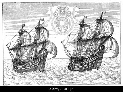 Willem Barents (d. 1597) Niederländische navigator, led-Expeditionen auf der Suche nach der Nordostpassage. "Barents" und Rijp der Schiffe während der Expedition 1597 Abschied im Juli, Rijp Segeln nach Norden in Richtung Ostküste von Spitzbergen, Barents Ost nach Nowaja Semlja und Tod. Vom Konto De Veer von Voyages Barents" veröffentlicht 1598. Gravur Stockfoto