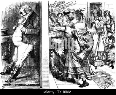 Lydia Ernestine Becker (1827-90) Der britische Anwalt der Frauenwahlrecht, Herausgeber von "Frauenwahlrecht Journal' 1870-90 und führte den Angriff auf Tür John Bull's in einer Bemühung zu sichern Stimmen für Frauen. John Tenniel Karikatur aus "Punch" London, 28. Mai 1870 Stockfoto