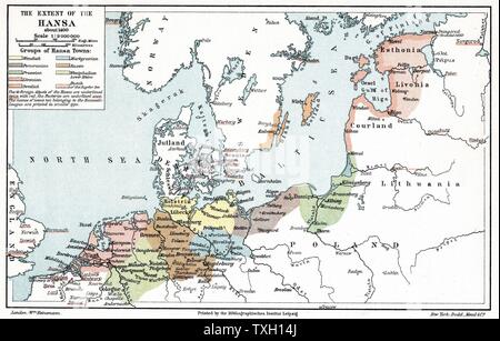 Karte über das Ausmaß der Hanse in etwa 1400 Stockfoto