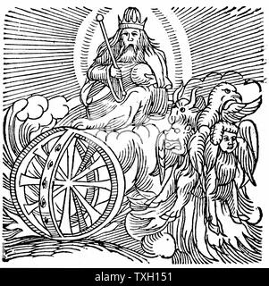 Hesekiels Vision der Wagen in den Himmel c 614 v. Chr.. "Bibel" Hesekiel II: 9. Eine moderne Erklärung ist, dass Hesekiel, auf der vier großen hebräischen Propheten, beobachtet parhelia (mock Sonnen), ein Phänomen, das durch Reflexion von Wassertropfen oder kleinste Partikel in der Atmosphäre der Erde verursacht. Von Conrad Lycosthenes "Prodigiorum ac ostentorum Chronicon", Basel, 1557. Holzschnitt Stockfoto