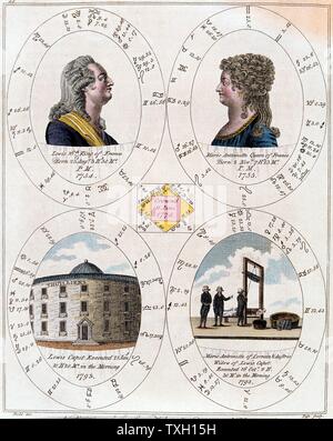 Geburt von Horoskopen von Ludwig XVI. und Marie Antoinette, anzeigen Profil Portrait von jedem, der Place Vendôme und die Guillotine. Hand - farbige Gravur London 1795 Stockfoto