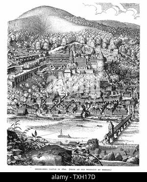 Das Heidelberger Schloss und Stadt gesehen über den Neckar. Nach 1620 Holzschnitt. Startseite des pfälzischen Kurfürsten Friedrich V. und König von Böhmen (1619-20) und Elizabeth, die Tochter von James I und VI. von England und Schottland aus ihrer Ehe im Jahr 1613 bis zur Niederlage der protestantischen böhmischen Truppen in der Schlacht am Weißen Berg in der Nähe von Prag. Winter, der König und die Königin. Gärten angelegt, die von Salomon de Caus. Gravur. Stockfoto