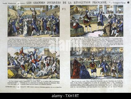 Serie von Illustrationen, die die Ereignisse der Französischen Revolution im Jahr 1789, einschließlich der Tennisplatz Eid und der Sturm auf die Bastille. Stockfoto