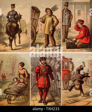 Die London Street Szenen. Bräutigam: Müllmann: Kolumne: Kindermädchen (eyeing herauf Soldaten): Beefeater: Junge dreht Saltos für Pennies. Illustrationen von Horace William Petherick (1839-1919) für ein Kinderbuch veröffentlicht London, c 1875. Chromolithograph. Stockfoto