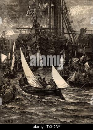 Ankunft der "Great Western" in New York (1838). Dampf schiff entworfen von Isambard Kingdom Brunel (1806-1859) und von William Patterson (1795-1869) von Bristol, die eine regelmäßige laufen zwischen Bristol und New York im Jahre 1838 begann. Dies war ein Steam-powered hölzernen Schiff, die in der Lage 12 Knoten unter Dampf, und da Ihr Motor und ihre Fähigkeit, Kraftstoff für 26 Tage zu tragen, war es möglich, Ihr rigg zu schneiden. Von "Das Meer" von F. Whymper. (London, c 1895). Künstler, William Heysman Overend (britische Künstler, 1851-1898) Stockfoto