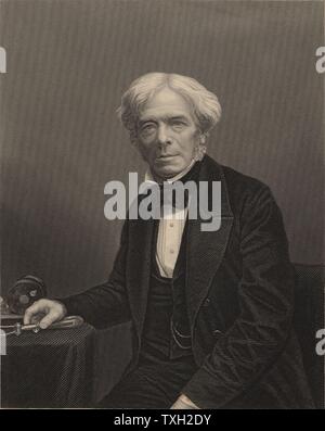 Michael Faraday (1791-1867) englischer Chemiker und Physiker. Im Jahre 1813 wurde Laboratory Assistant Humphry Davy an der Royal Institution in London. Im Jahre 1833 folgte er Davy als Professor der Chemie an der RI. Gravur. Britische Stockfoto