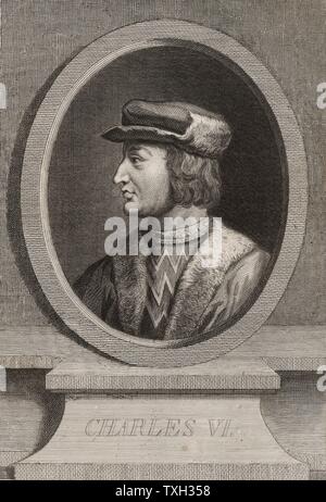 Karl VI. (1368-1422) König von Frankreich ab 1380, bekannt als der Dumme, er 1392 gestört wurde. Vater von Katharina von Valois, Königin von Heinrich V. von England. Kupferstich, 1793. Stockfoto