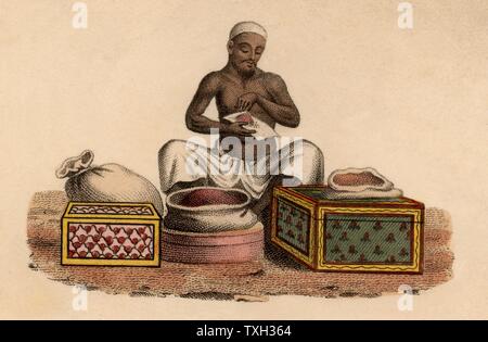 Indische Salbenbereiters. Hand - farbige Gravur veröffentlicht Rudolph Ackermann, London, 1822. Stockfoto