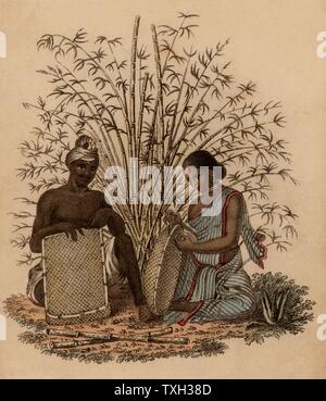 Indische Korbmacher und seine Frau bei der Arbeit. Hand - farbige Gravur veröffentlicht Rudolph Ackermann, London, 1822. Stockfoto
