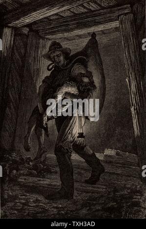 Rettung ein bergmann nach einem Pit Disaster. Der Retter wird mit Hilfe der Atmung Galibert von Apparat. Von "unterirdische Leben; Oder, Bergwerke und Bergleute" von Louis Simonin (London, 1869). Holzstich. Stockfoto