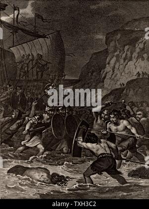 Römische Truppen unter Julius Caesar eindringenden Großbritannien in 55 BC. Von "Die imperiale Geschichte Englands" von Theophilus Camden (London, 1832). Gravur. Stockfoto