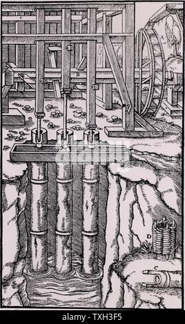 Entleeren Grubenbaue durch eine Batterie von drei Pumpen. Die Achse, B, wird durch ein oberschlächtiges Wasserrad angetrieben. Die Nocken auf der Achse anheben und senken Sie die Kolbenstangen durch Stößel. C ist die Unterseite der Rohrleitung, die in den Korb eingehüllt ist, D. Von "De re Metallica", die von Agricola, Pseudonym von Georg Bauer (Basel, 1556). Holzschnitt. Stockfoto