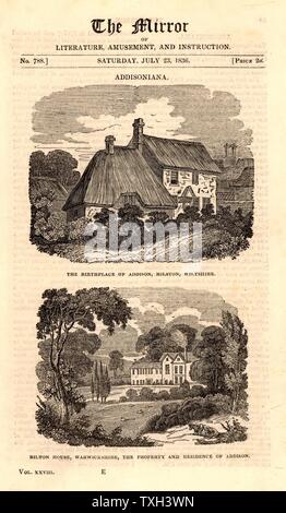 Joseph Addison (1672-1719), englischer Essayist, Dichter, Dramatiker und Politiker. Freund von Richard Steele und Jonathan Swift. Top: Das Pfarrhaus in Milston, in der Nähe von Amesbury, Wiltshire, England, Addison's Geburtshaus. Unten: Bilton Haus, in der Nähe von Rugby, Warwickshire, das Haus, das Addison in 1711 gekauft. Holzstich aus der "Mirror" (London, 23. Juli 1836). Stockfoto