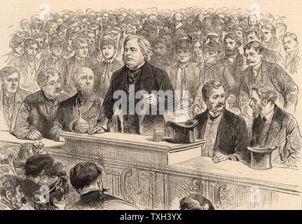 John Bright (1811-1889) Englisch radikale Staatsmann, in Rochdale, Lancashire geboren. Anti-Corn Law League. Reform Act 1867. Hell spricht bei einer Wahlkampfveranstaltung in Birmingham. Gravur von "Illustrated London News" (London, 14. November 1885).