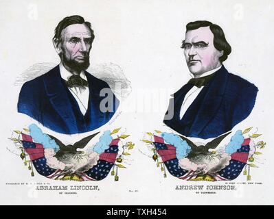 Republikanischen Kampagne Banner für die US-Präsidentschaftswahlen 1864. Abraham Lincoln, Präsidentschaftskandidat, Links, und sein Vize-Präsident Andrew Johnson. Holzstich Stockfoto