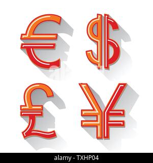 Dollar, Euro, Pfund und Yen Währung Symbole. In USD, EUR, GBP und JPY Geld Zeichen Symbole, Vektor Stock Vektor