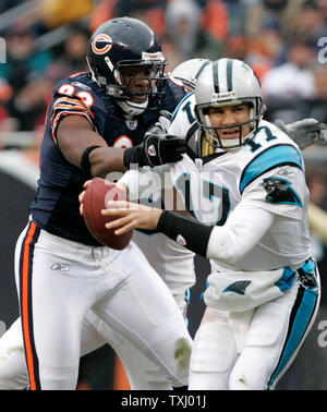 Chicago Bears defensive Ende Adewale Ogunleye, (L) Säcke Carolina Panthers Quarterback Jake Delhomme (17), während das zweite Quartal mit dem Soldier Field, in Chicago. Am 20. November 2005. Die Bären besiegt die Leoparden 13-3. (UPI Foto/Brian Kersey) Stockfoto