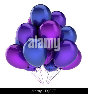 Lila party Luftballons blau. Geburtstag, Fasching, Dekoration feiern. Helium ballon Bündel glänzend. Urlaub Grußkarte design Element. 3D-Rendering Stockfoto