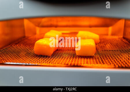 Mochi Reiskuchen Plätzen gebacken im Toaster Backofen in der traditionellen japanischen Weise mit Licht im Inneren auf Rack Stockfoto