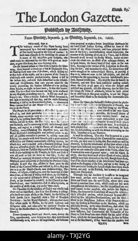 Der London Gazette 3.-10. September 1666 Startseite Berichte Große Feuer von London Stockfoto