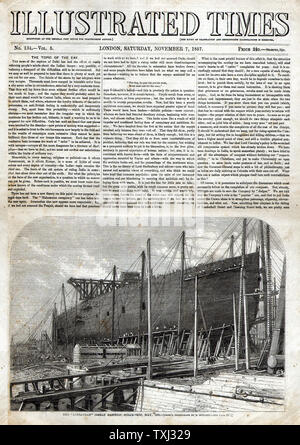 1857 illustrierte Mal vorne Seite Reporting der Bau von Isambard Kingdom Brunel's Schiff SS Great Eastern an Millwall, London Stockfoto