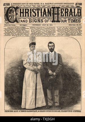 1894 Christian Herald Startseite Engagement von Czarevitch Nikolaus von Rußland und Prinzessin Alix von Hessen Stockfoto