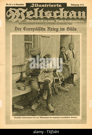 1914 Illustrierte Weltschau Startseite Deutscher Soldat Fütterung ein französisches Mädchen Stockfoto